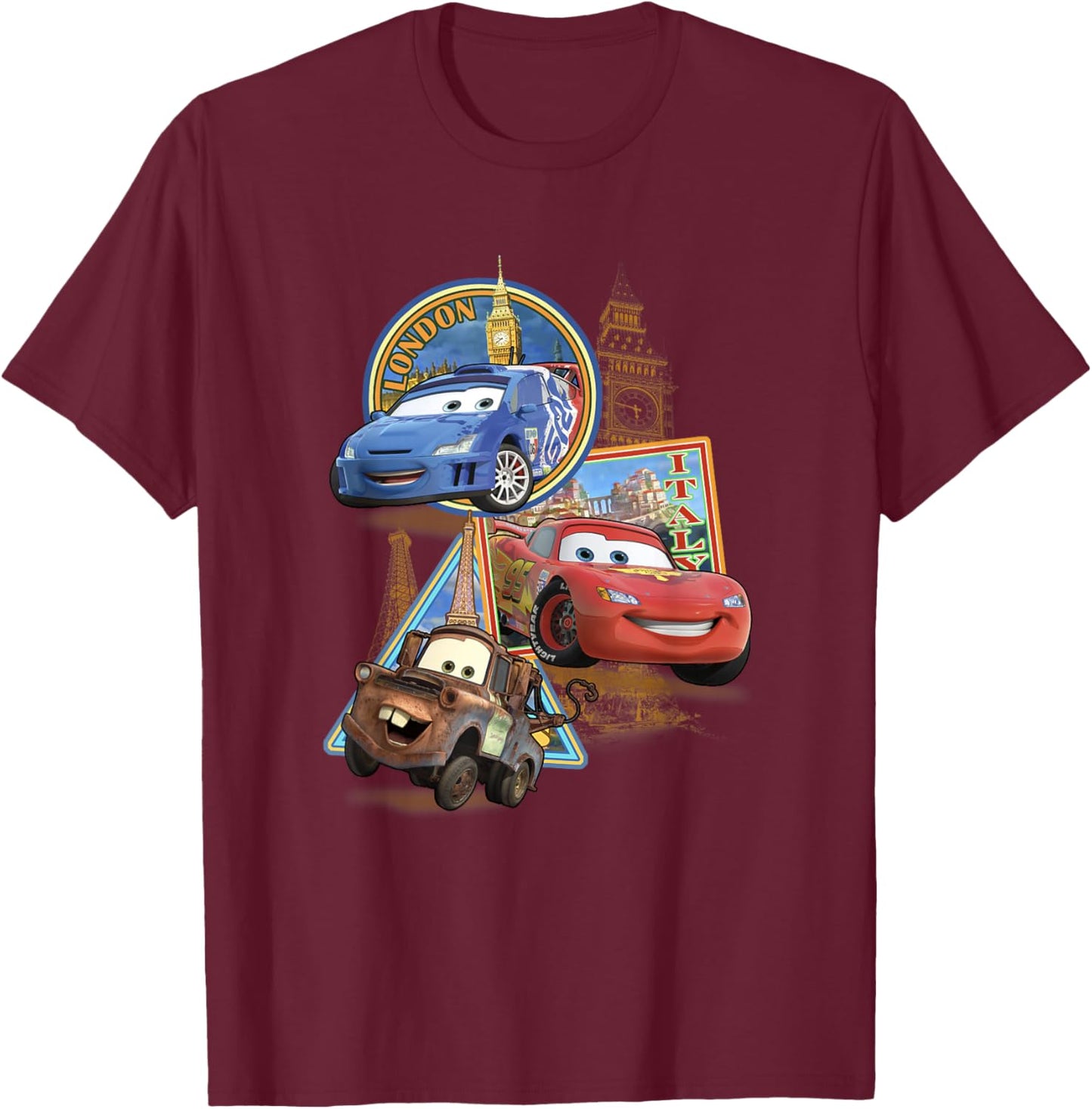 Disney Pixar Cars 2 London Italy Paris World Tour Postcards T-Shirt - T-Shirt | Maroon