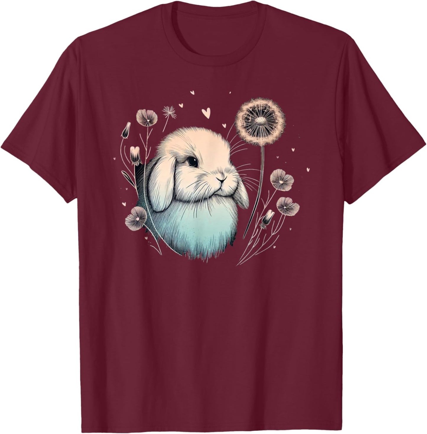 Love Holland Lop Rabbit Dandelion Floral Watercolor Bunny T-Shirt - T-Shirt | Maroon