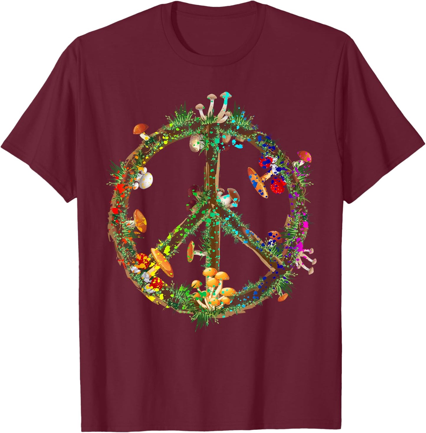Magic Mushrooms Peace Sign Psychedelic Retro Shrooms Gift T-Shirt - T-Shirt | Maroon
