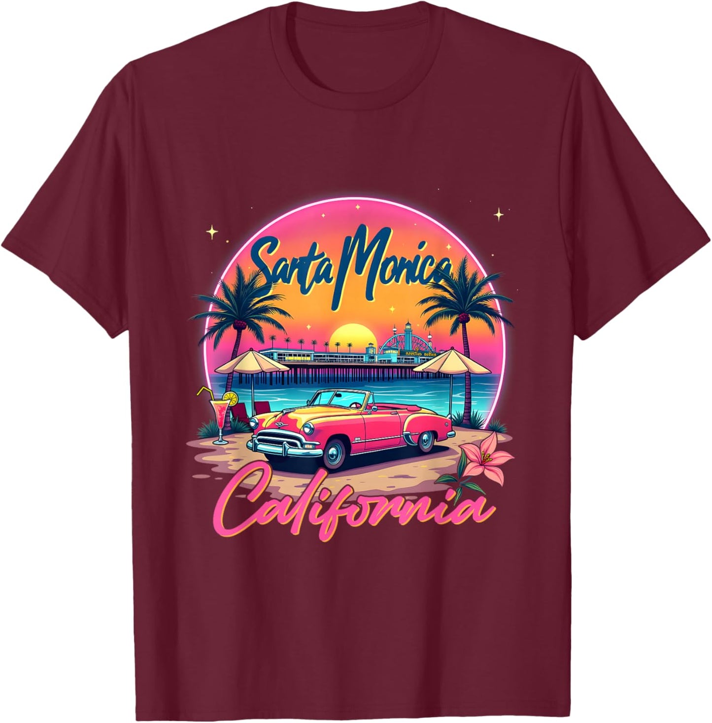 Santa Monica Trip Retro Santa Monica California Sunset Vibes T-Shirt - T-Shirt | Maroon
