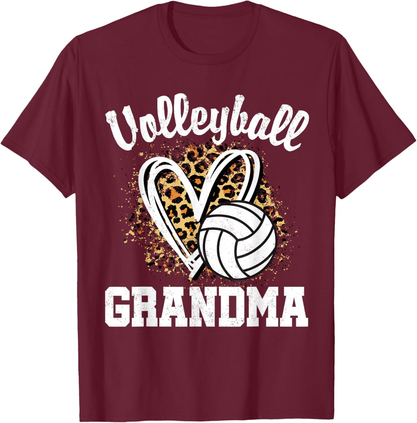 Volleyball Grandma Leopard Heart Matching Family T-Shirt - T-Shirt | Maroon