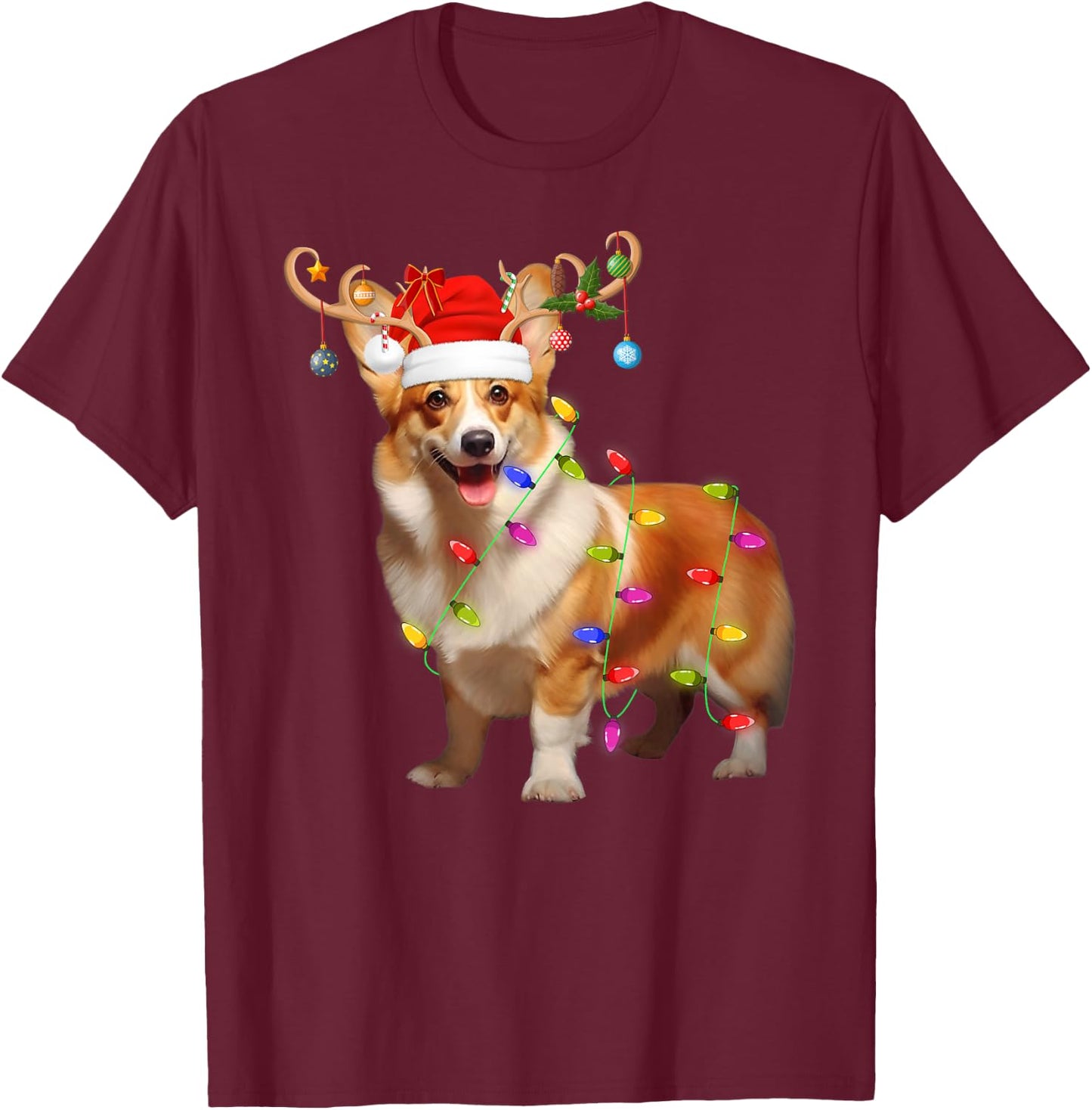 Corgi Dog Xmas Lights Reindeer Santa Corgi Dog Christmas T-Shirt - T-Shirt | Maroon