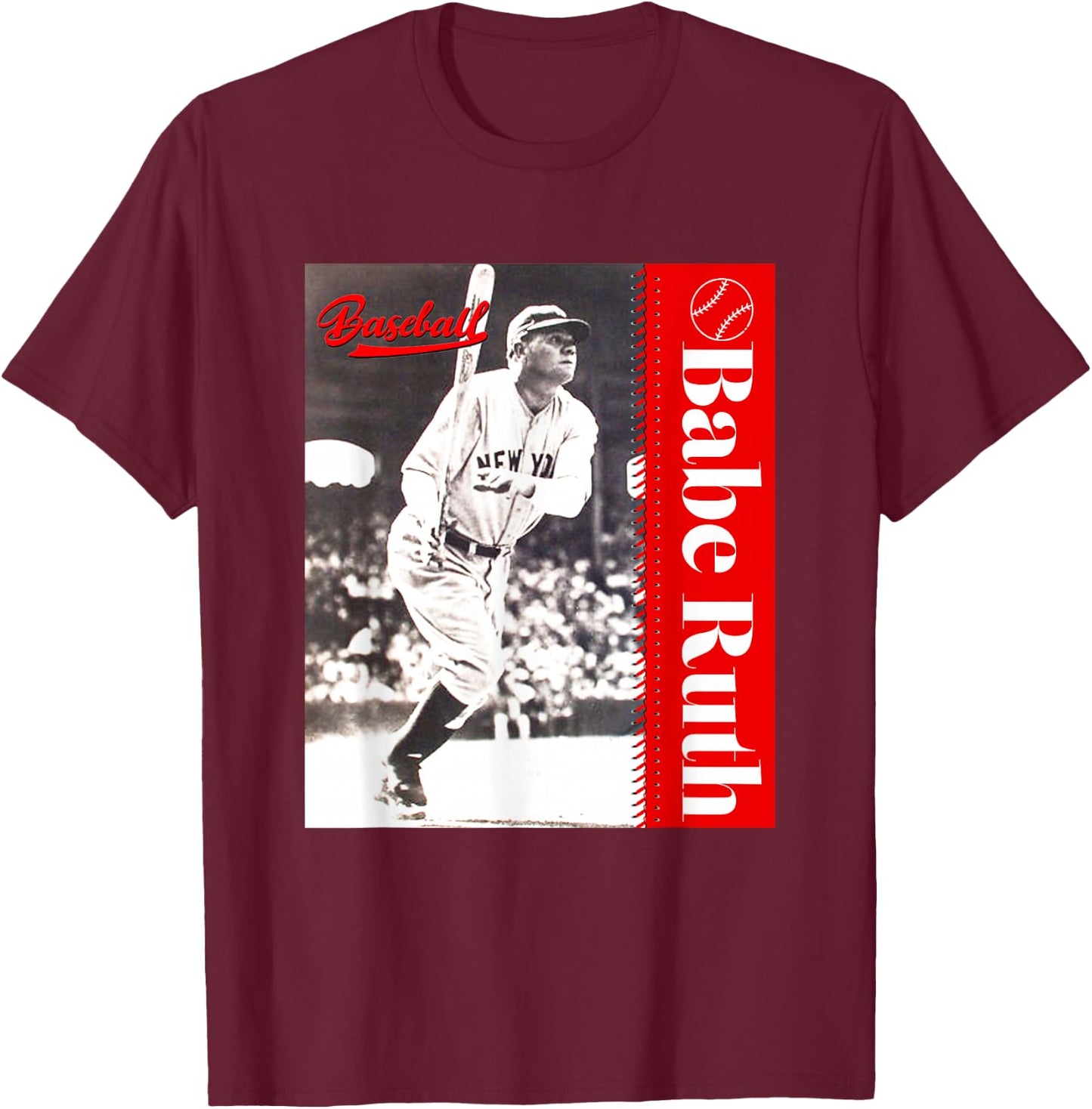 Great Moment Store -Adult Baseball , Black, Small, Short Sleeve, Classic Fit, , Baseball Player Pattern T-Shirt - T-Shirt | Maroon
