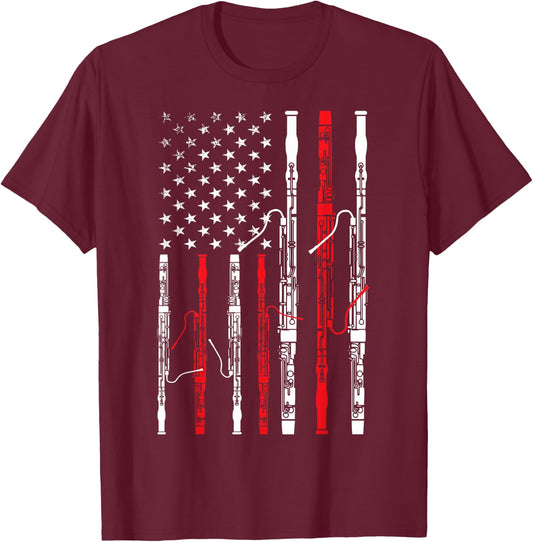 Bassoon American Flag 4th July Patriotic Music T-Shirt - T-Shirt | Maroon
