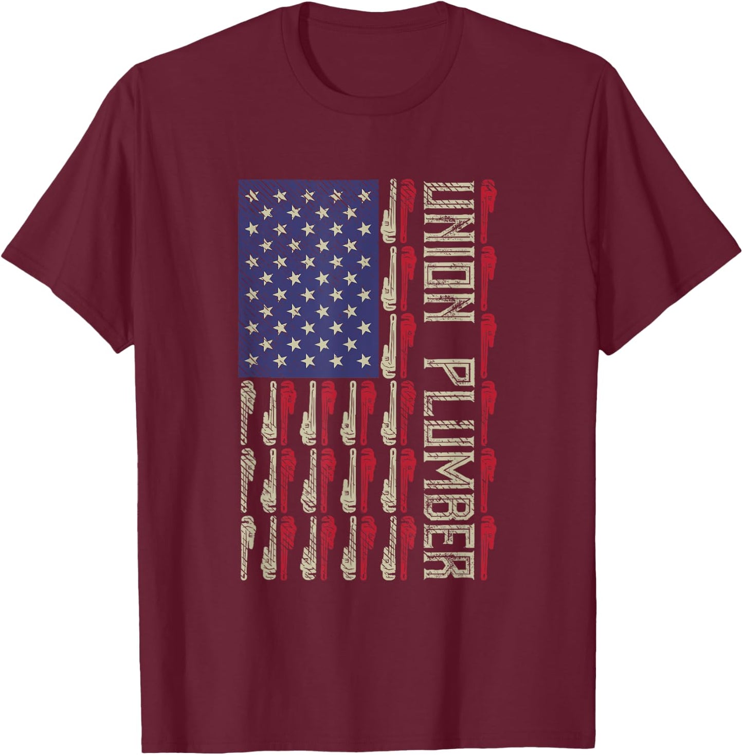 Union Plumber US Flag, Red, White, Blue, Wrench T-Shirt - T-Shirt | Maroon