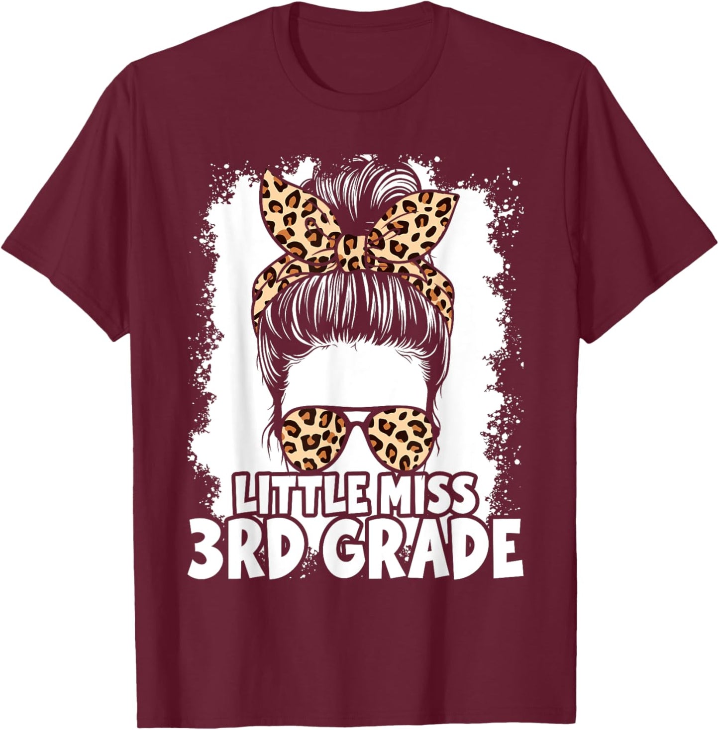 Hello 3rd Grade Messy Hair Bun Girl Leopard Back To School T-Shirt - T-Shirt | Maroon
