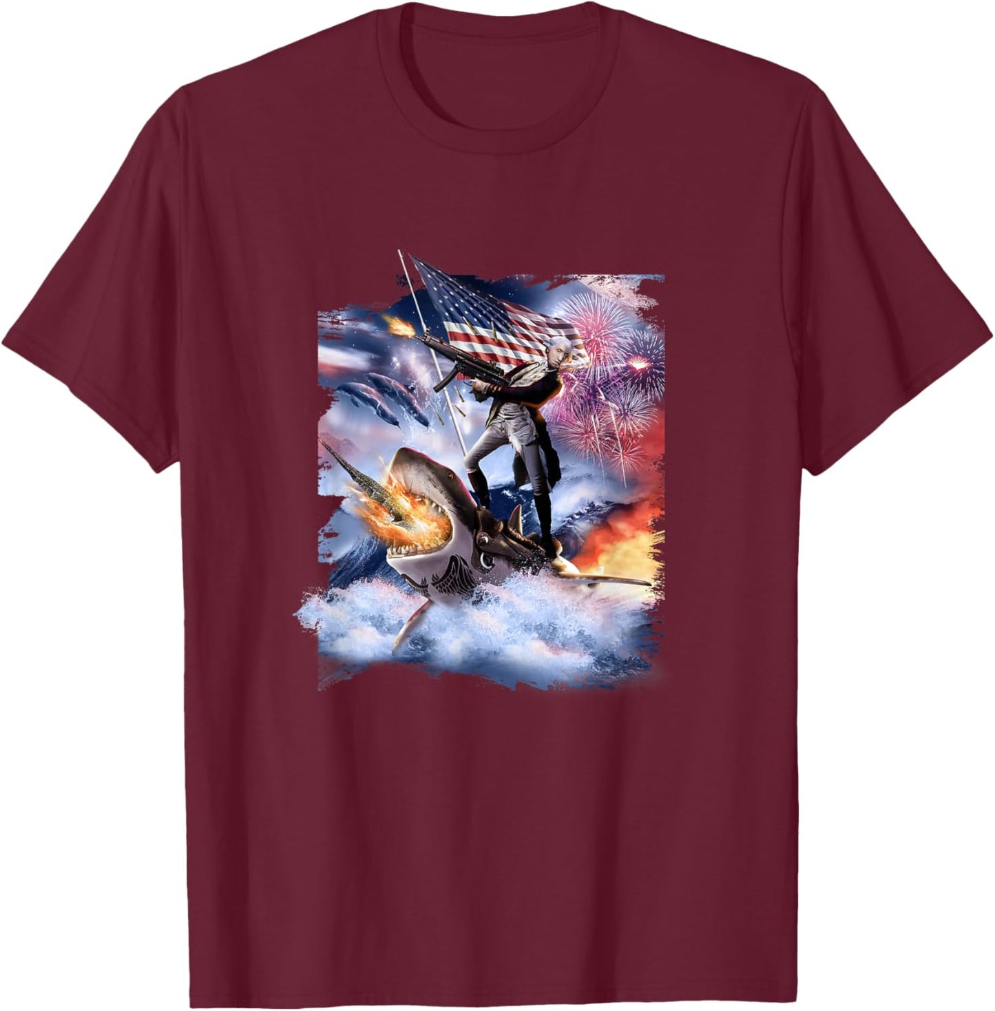 George Washington Riding Shark American Patriotic Funny Men T-Shirt - T-Shirt | Maroon
