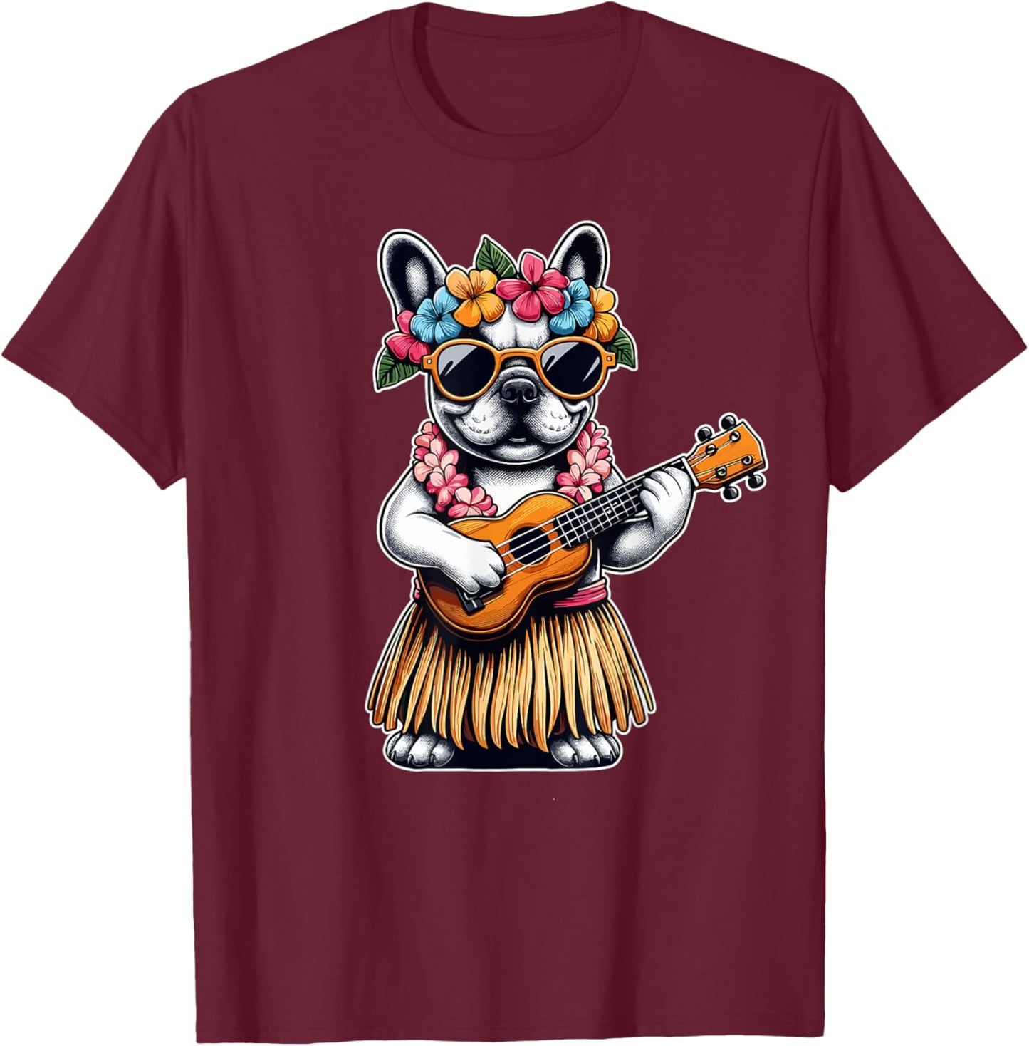 Hula Bulldog French Bulldog Ukulele Hawaiian Women Kids T-Shirt - T-Shirt | Maroon