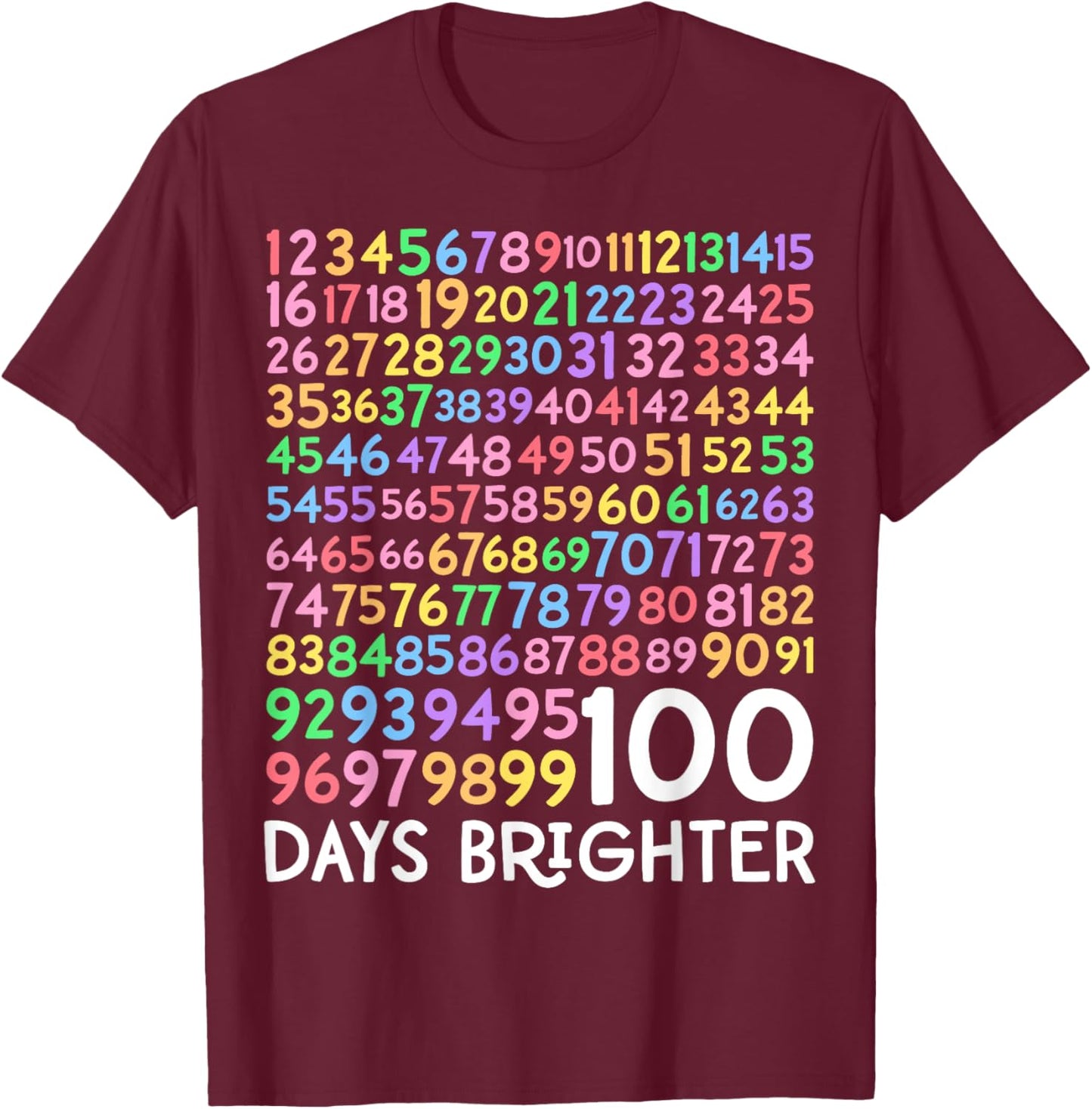 100th Day of School Teacher 100 Days Brighter Math Numbers T-Shirt - T-Shirt | Maroon