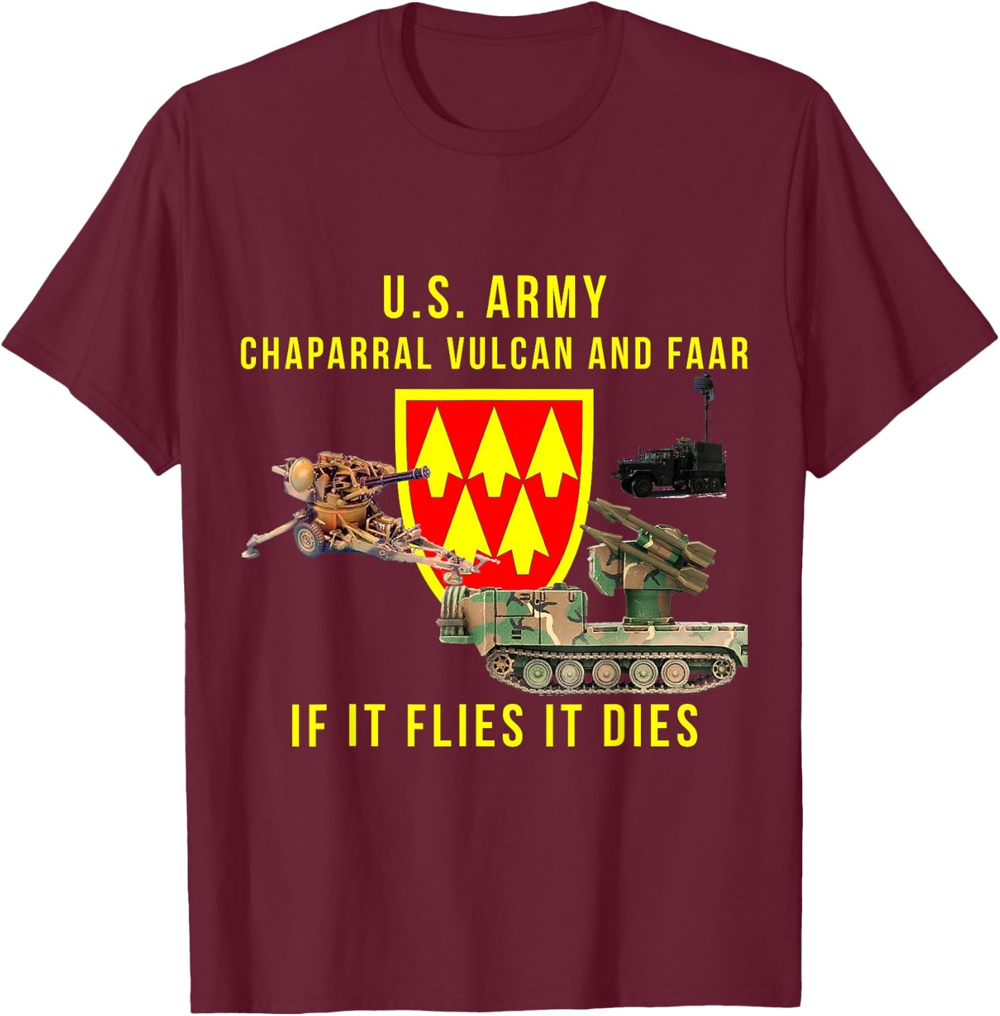 US Army Chaparral Vulcan and FAAR Patriotic 32 AADCOM T-Shirt - T-Shirt | Maroon