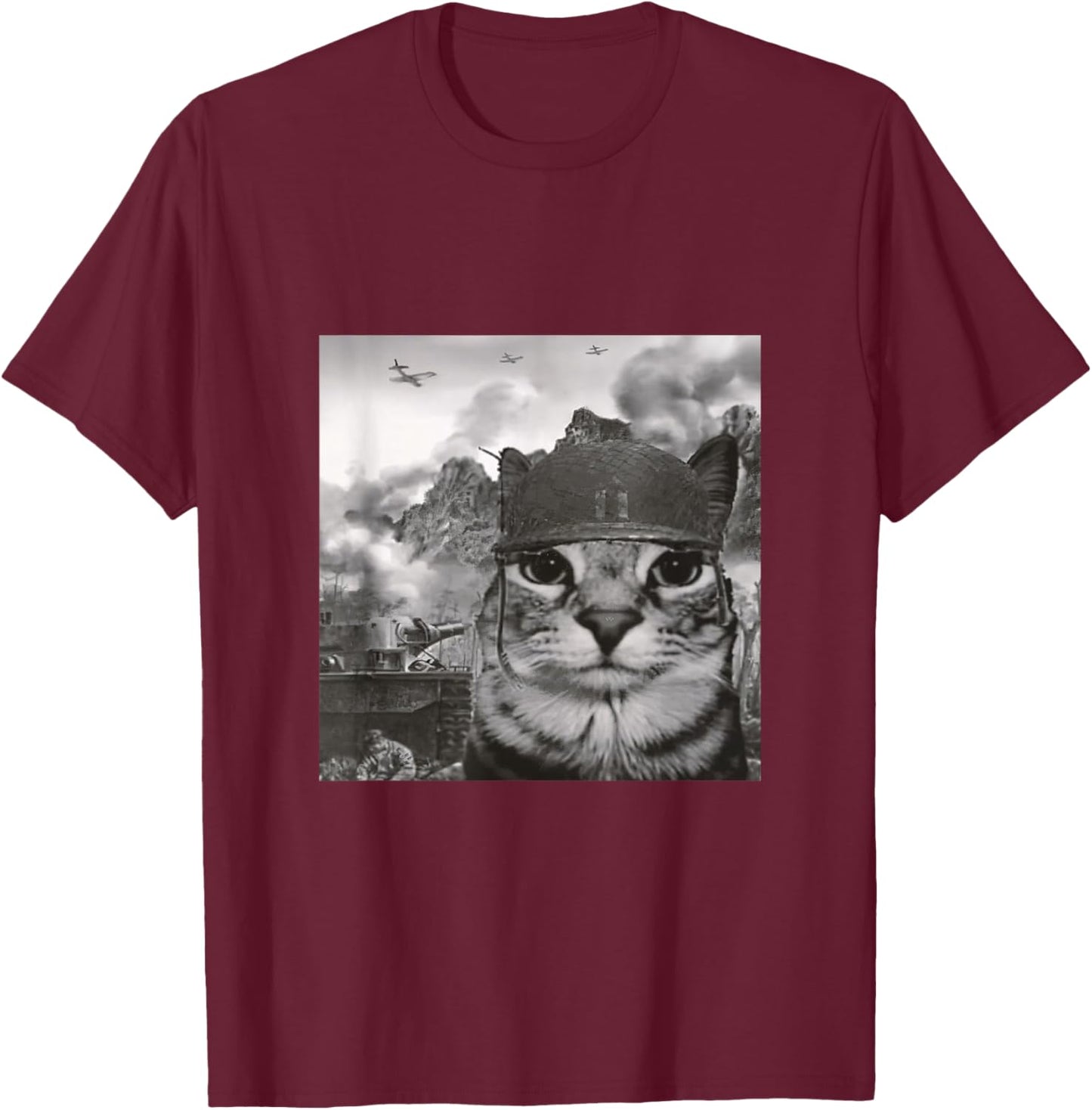 War Cat in The Battlefield, Kitten Soldier Selfie in Battle T-Shirt - T-Shirt | Maroon