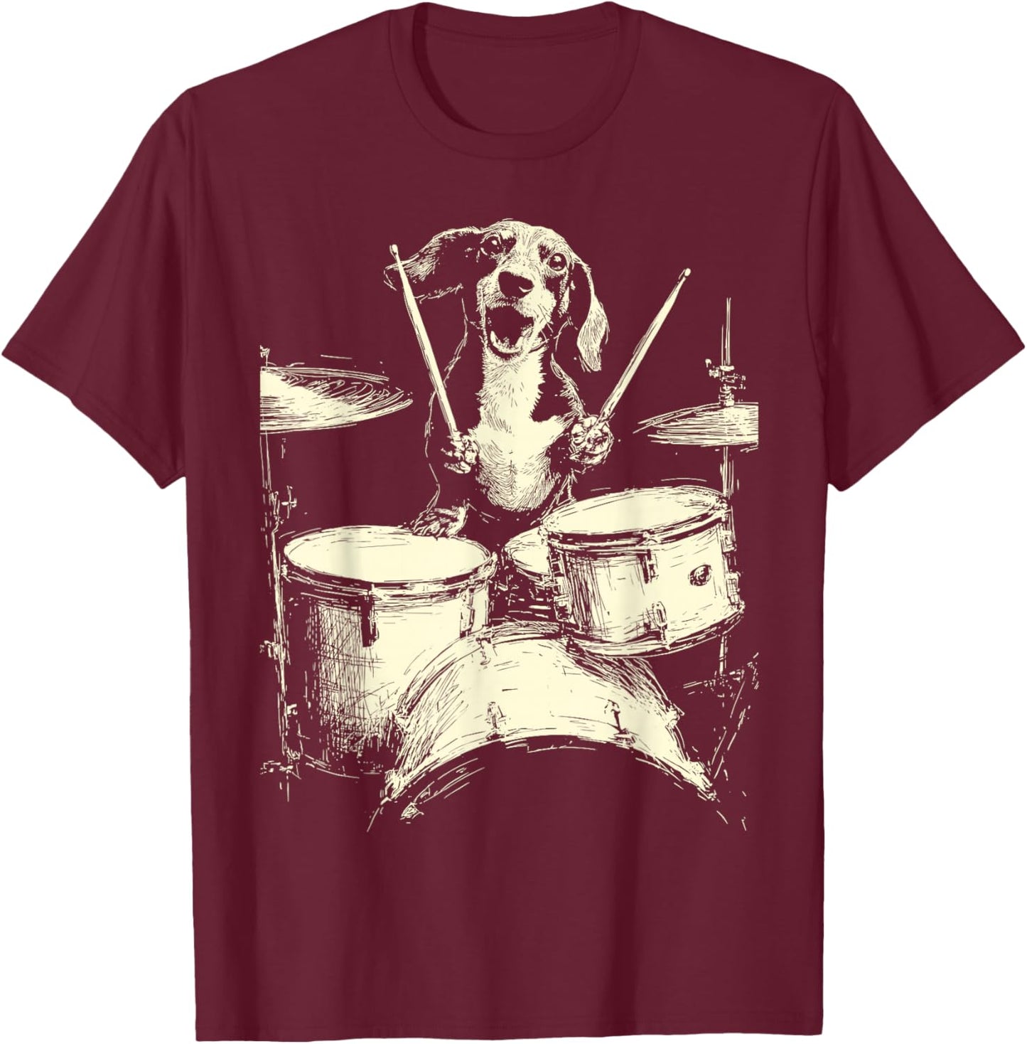 Cute Dachshund Playing Drums Funny Music Sausage Dog Drummer T-Shirt - T-Shirt | Maroon