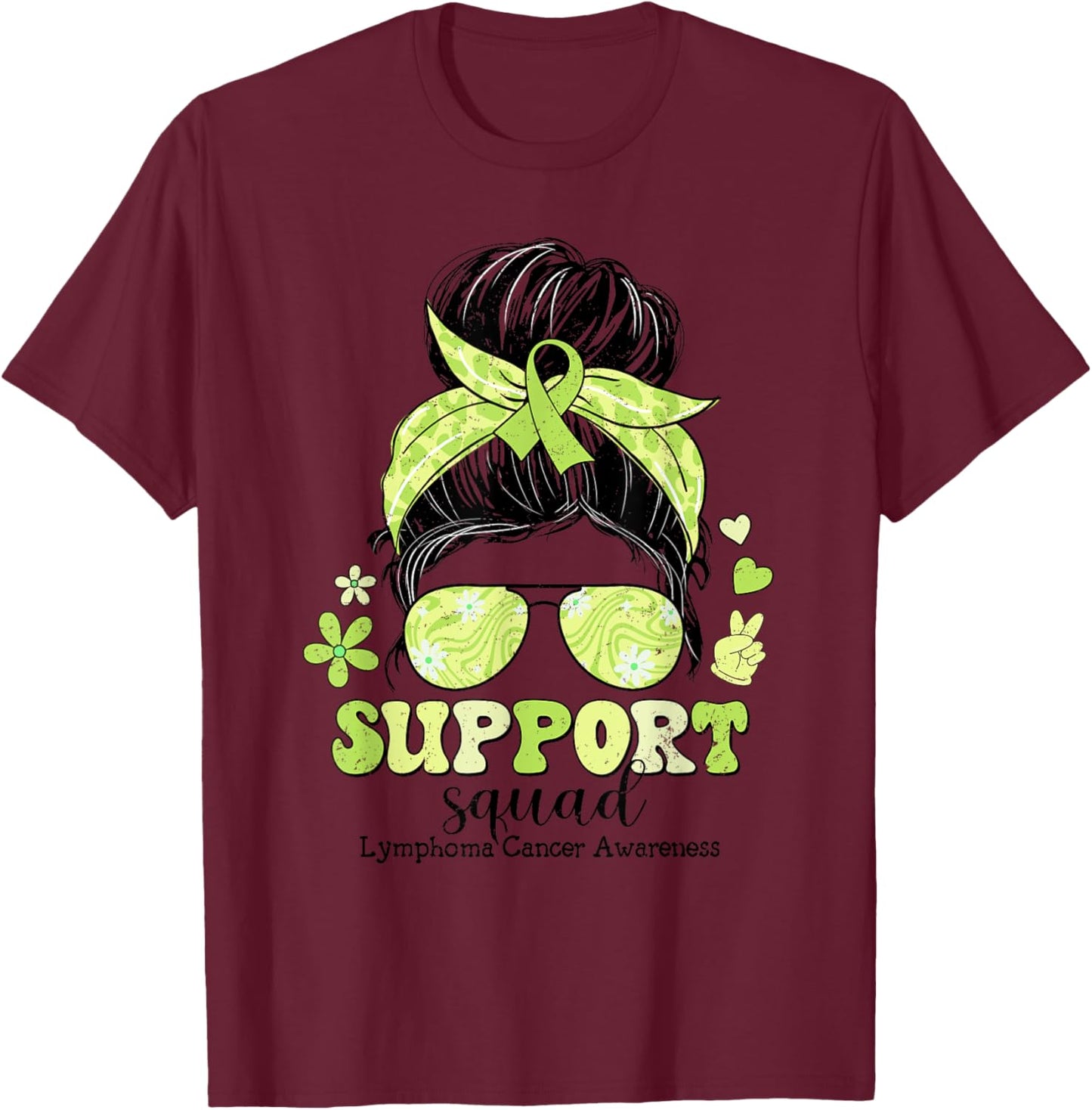 Groovy Support Squad Messy Bun Lymphoma Cancer Awareness T-Shirt - T-Shirt | Maroon