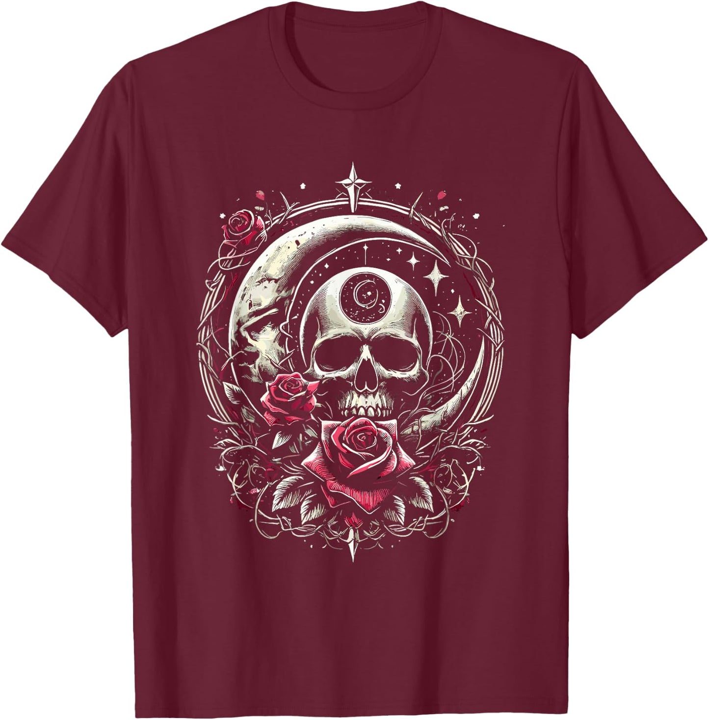 Moon Rose Skull Gothic Illustration Emo Death Metal Punk T-Shirt - T-Shirt | Maroon