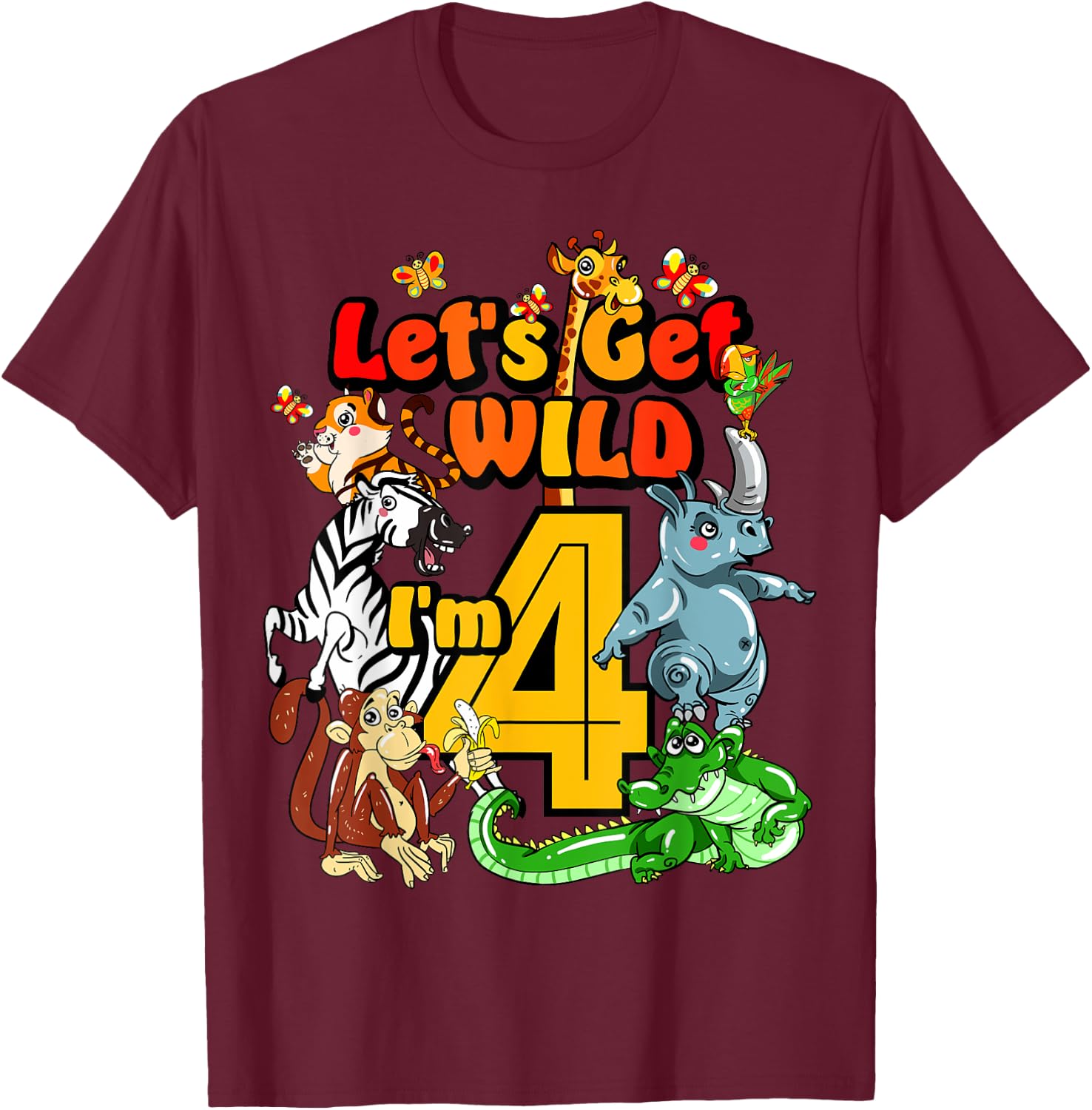 Kids 4 Year Old Zoo Birthday Shirt Safari Jungle Animal 4th T-Shirt - T-Shirt | Maroon