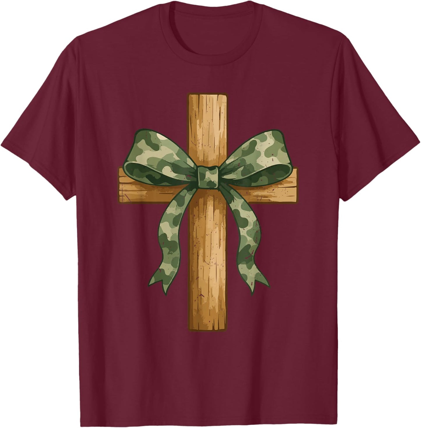 Teen Girl Coquette Bow Camo Deer Hunting Christian Cross T-Shirt - T-Shirt | Maroon