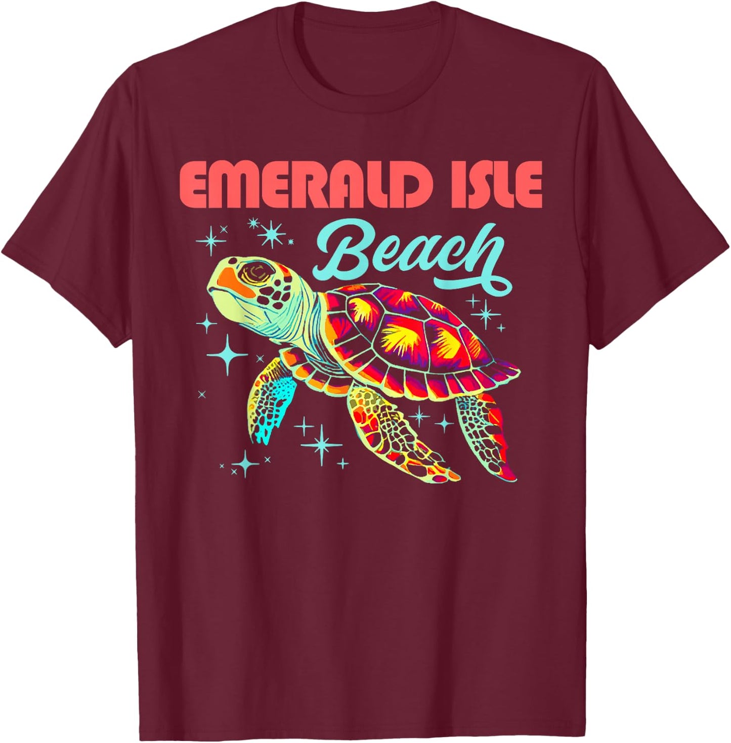 Emerald Isle Beach NC Artistic Sea Turtle Retro T-Shirt - T-Shirt | Maroon