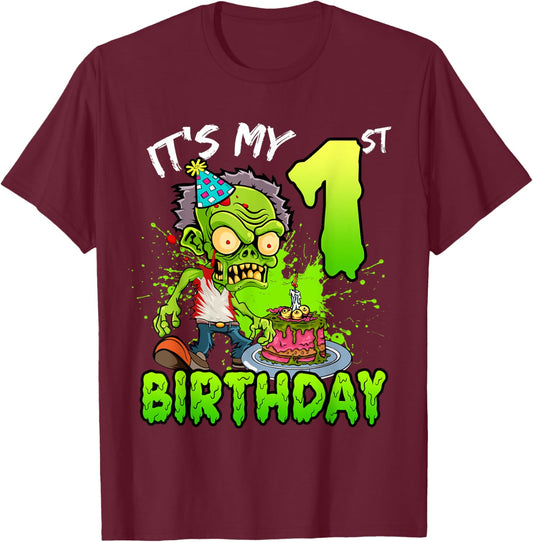 It's My 1st Birthday Zombie Lover 1 Year Old Boys Girls T-Shirt - T-Shirt | Maroon