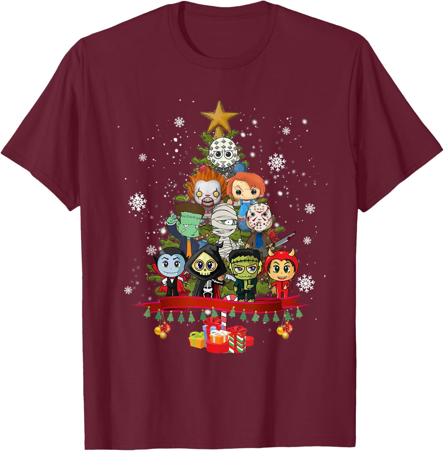 Horror Halloween Christmas Tree Xmas Decor Scary Characters T-Shirt - T-Shirt | Maroon
