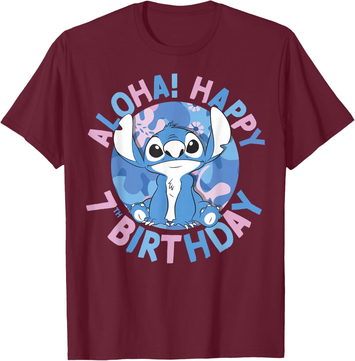 Disney Lilo & Stitch Aloha Happy 7th Birthday T-Shirt - T-Shirt | Maroon