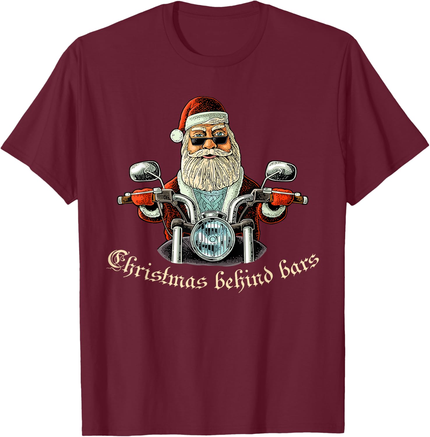 Christmas Behind Bars Biker - Santa Motorcycle T-Shirt - T-Shirt | Maroon