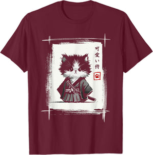 Samurai Katze Japanische Kunst Sumi-e Neuheit Kawaii Lustige Katze T-Shirt - T-Shirt | Maroon