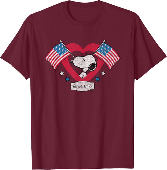 Peanuts - Snoopy Since 1776 Flag Heart T-Shirt - T-Shirt | Maroon