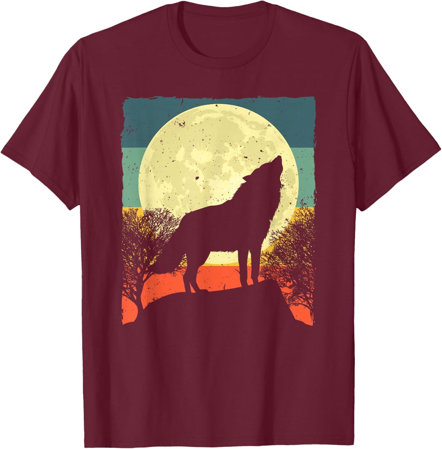 Cool Wolf Design Women Vintage Wolf Howling Animal T-Shirt - T-Shirt | Maroon
