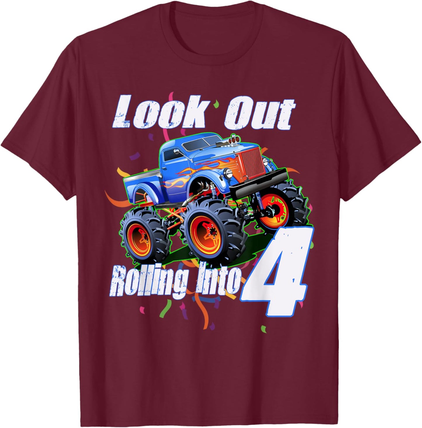 Kids 4 Year Old 4th Birthday Boy Monster Truck Car T-Shirt - T-Shirt | Maroon