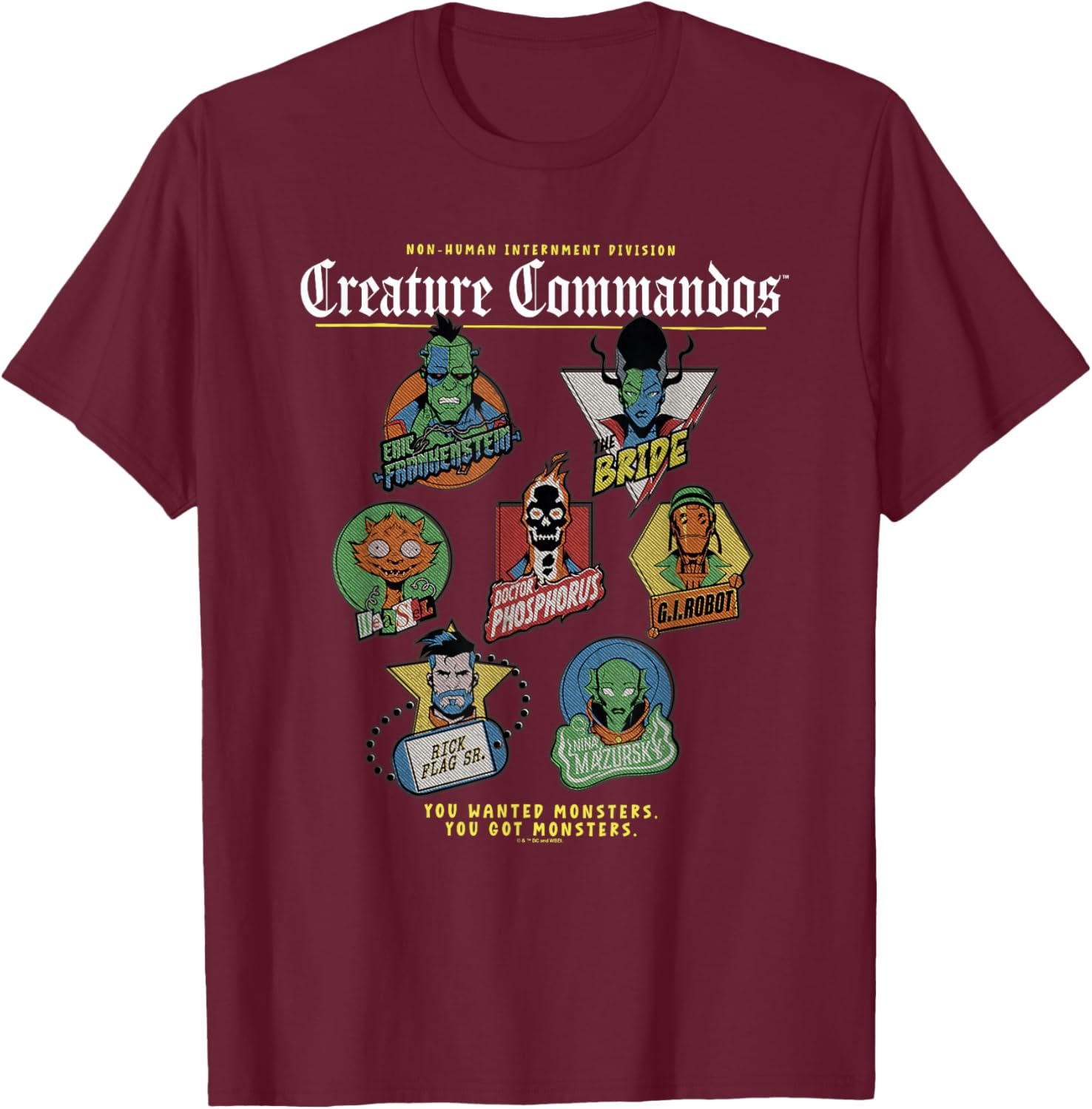 Creature Commandos Badges T-Shirt - T-Shirt | Maroon
