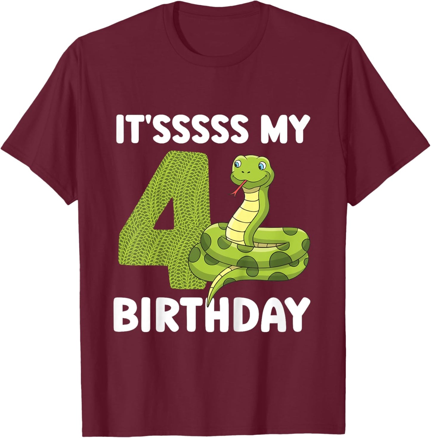 Kids 4th Reptile Birthday Four Year Old Snake Birthday Party T-Shirt - T-Shirt | Maroon