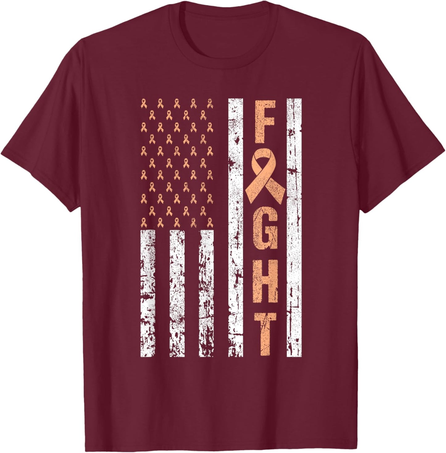 Fight Uterine Cancer Awareness Peach Ribbon American Flag T-Shirt - T-Shirt | Maroon