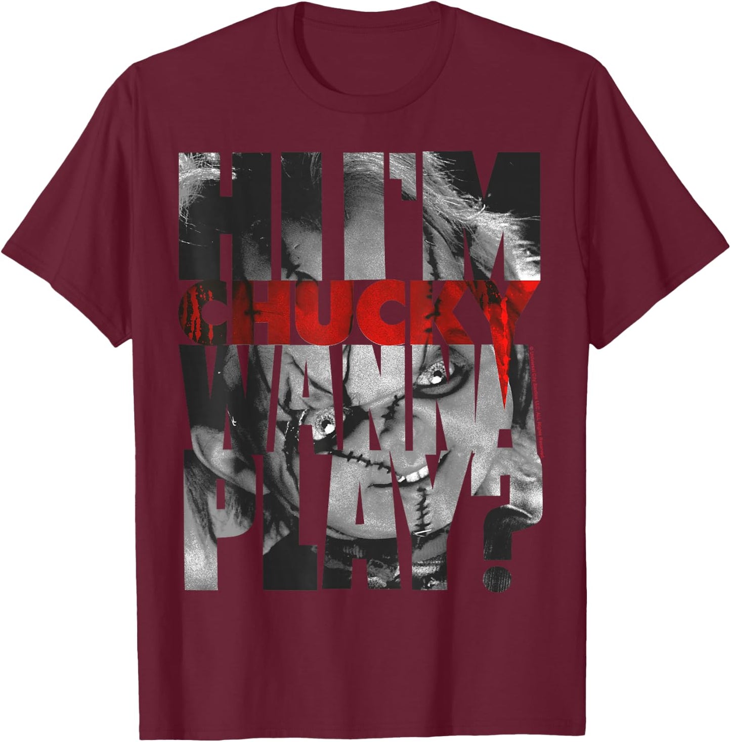 Child's Play Hi I'm Chucky Wanna Play Text Fill Small T-Shirt - T-Shirt | Maroon