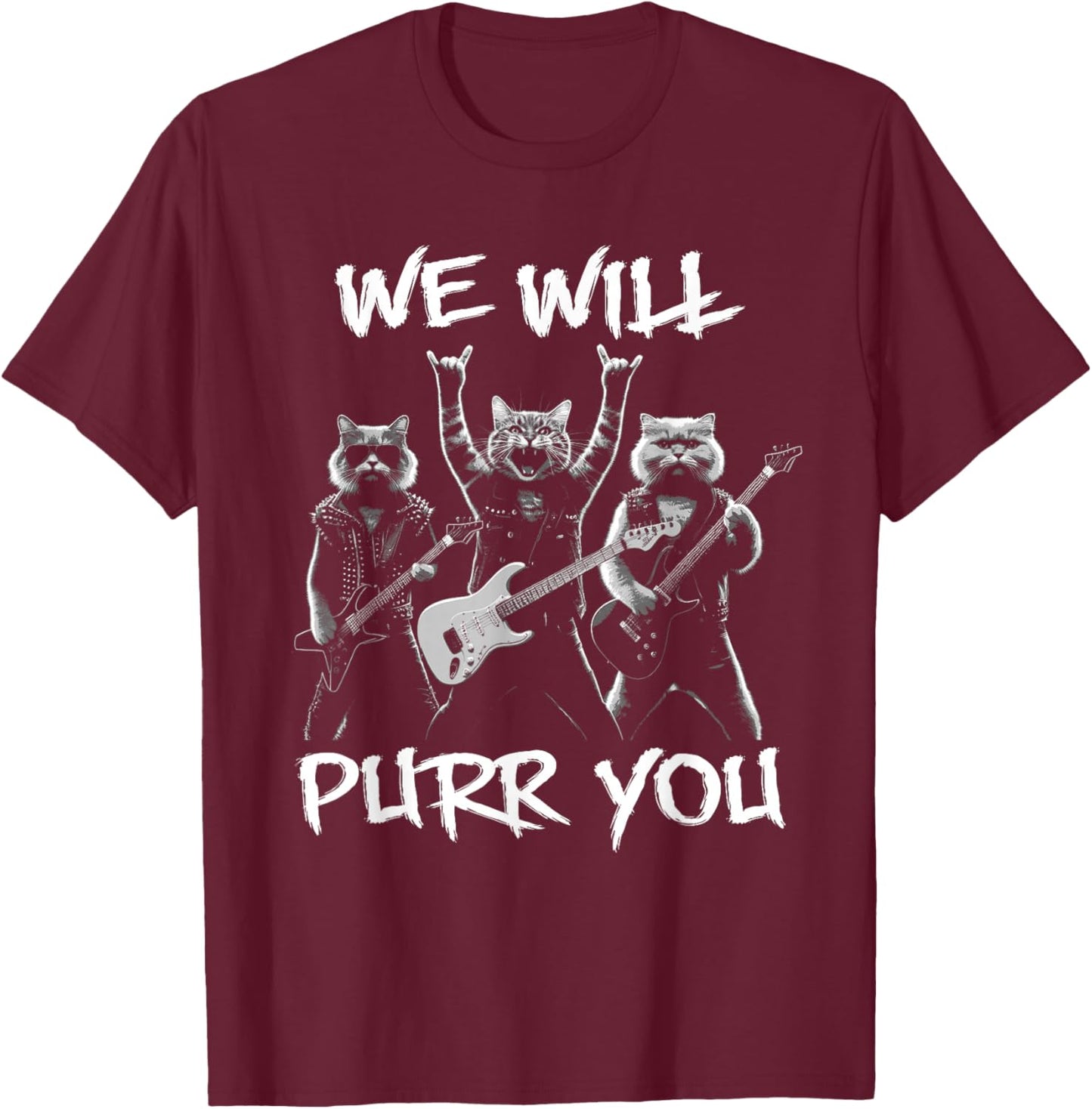 Cat Rock Band with Electric Guitars Funny Vintage T-Shirt - T-Shirt | Maroon