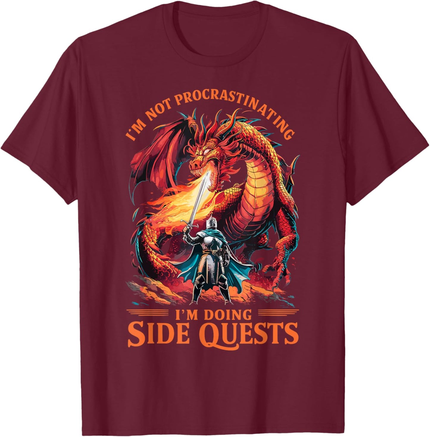 Im Not Procrastinating Its A Side Quest Gamer Gift - Kids RPG Gamer - Black - Small - Short Sleeve - - Fantasy Dragon Graphic T-Shirt - T-Shirt | Maroon
