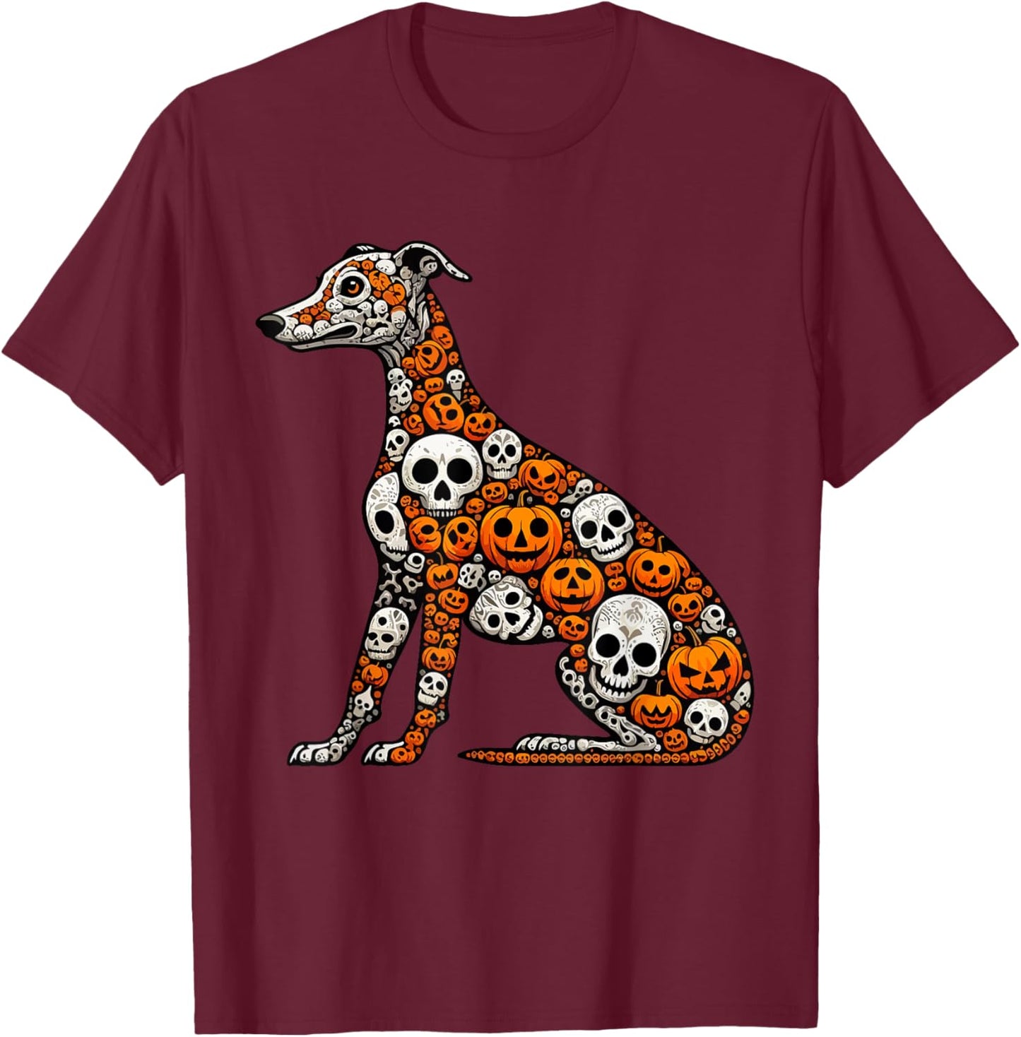 Skulls Carved Pumpkins Halloween Whippet Cute Shape T-Shirt - T-Shirt | Maroon