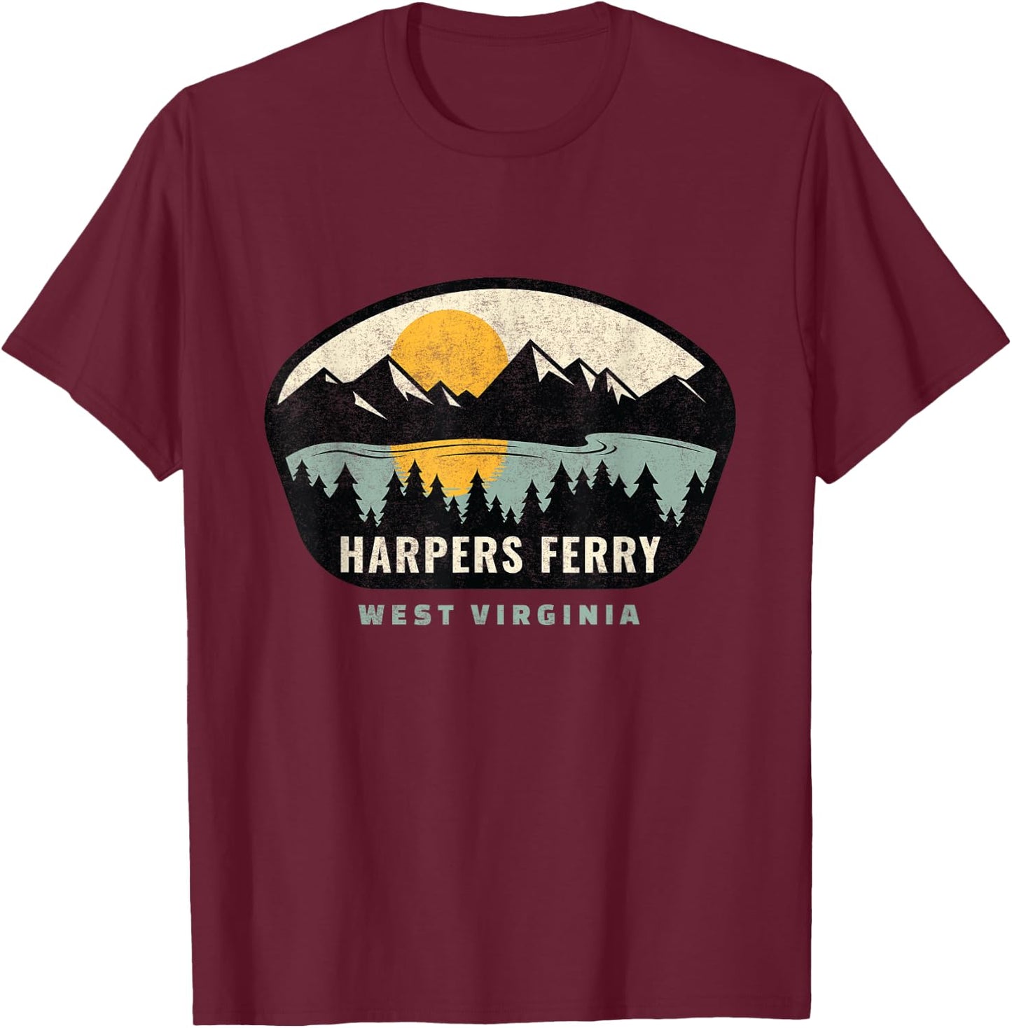 Whyitsme Design -Adults Vacation - Black, Small - Short Sleeve - - Modern - Distressed Design with Sunset Background - Harpers Ferry West Virginia Souvenir T-Shirt - T-Shirt | Maroon