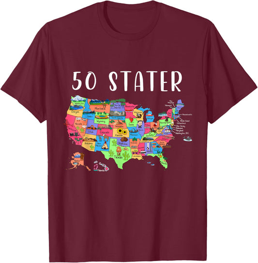 ALL50CLUB USA Travel Gift Visit 50 States Map , Black T-Shirt - T-Shirt | Maroon