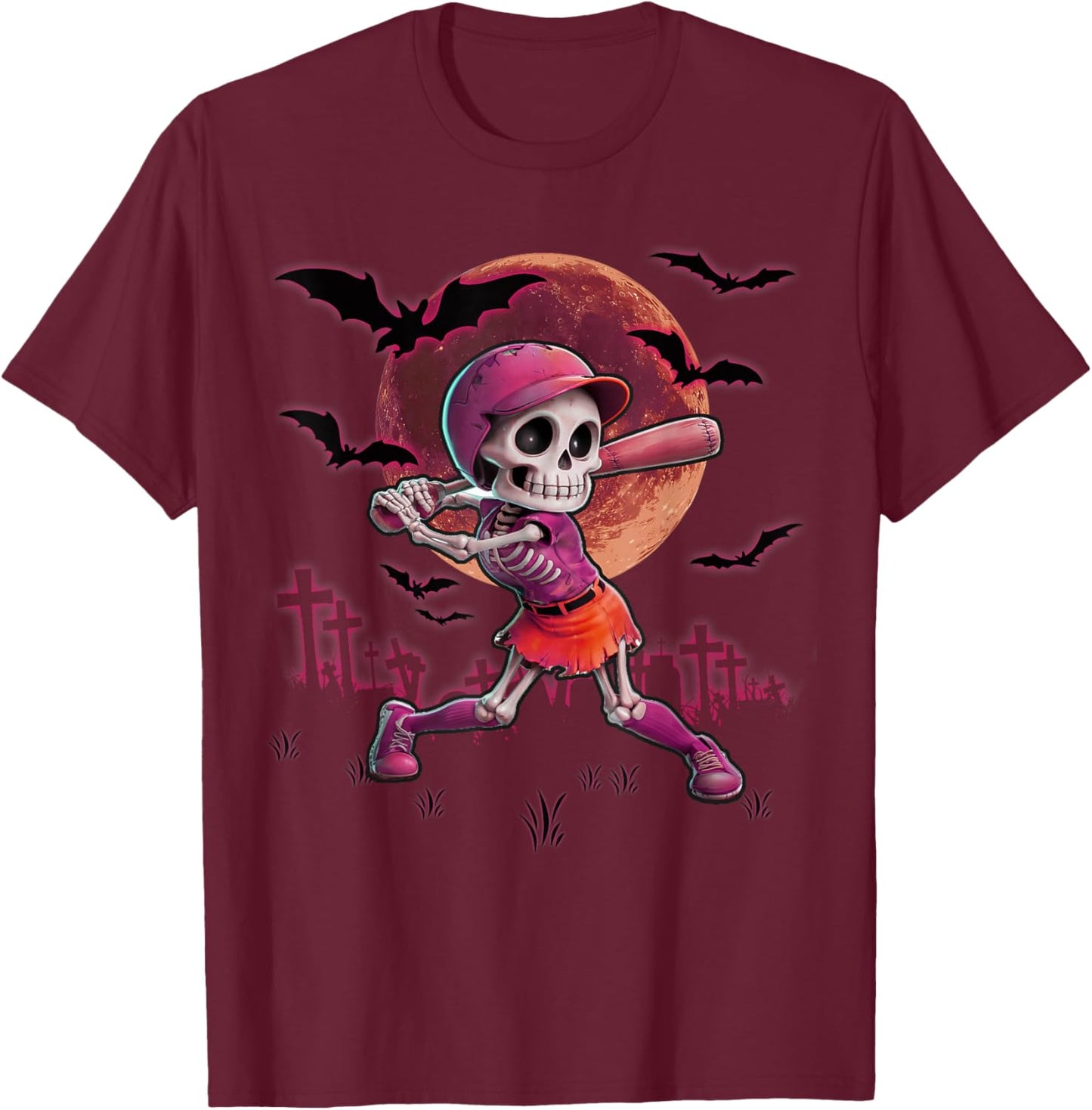 Softball Halloween Skeleton Girl Spooky Season Practice T-Shirt - T-Shirt | Maroon