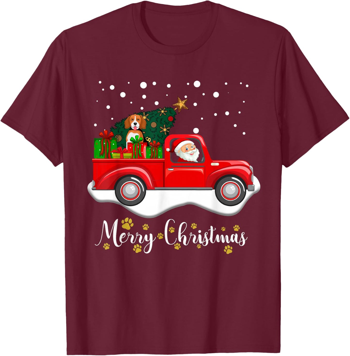 Merry Christmas Xmas With Santa Claus and Beagle Dog T-Shirt - T-Shirt | Maroon