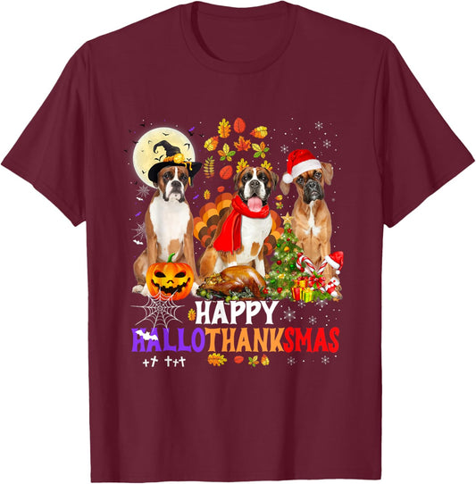 Boxer Dog Happy Hallothanksmas Halloween Thanksgiving Xmas T-Shirt - T-Shirt | Maroon