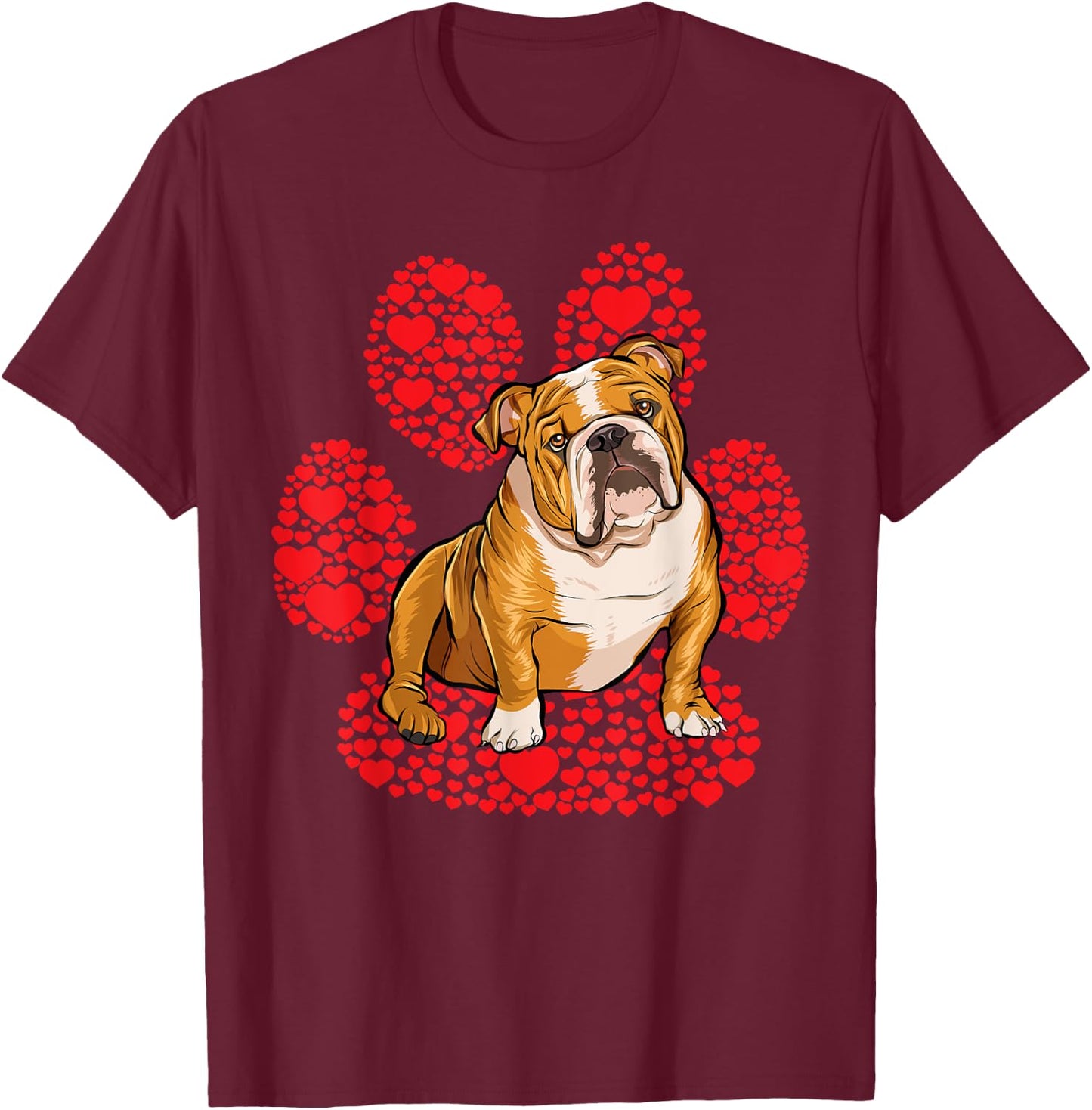 Bulldog Valentines Day Dog Love Paw T-Shirt - T-Shirt | Maroon