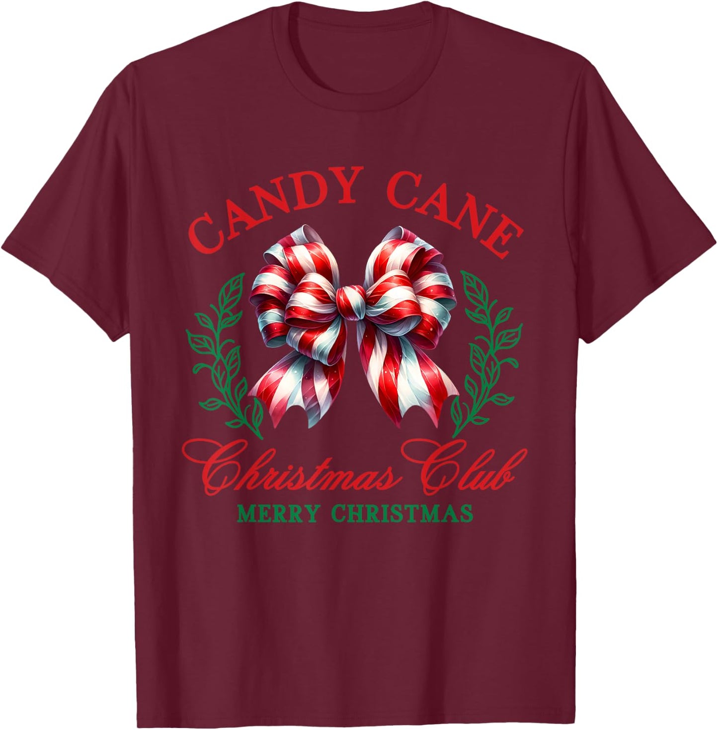Candy Cane Coquette Bow Merry Christmas Xmas Club Holiday T-Shirt - T-Shirt | Maroon