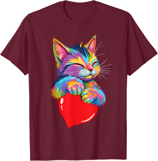 Valentines Day Cat And Love Heart Women Girls Cats Lover T-Shirt - T-Shirt | Maroon