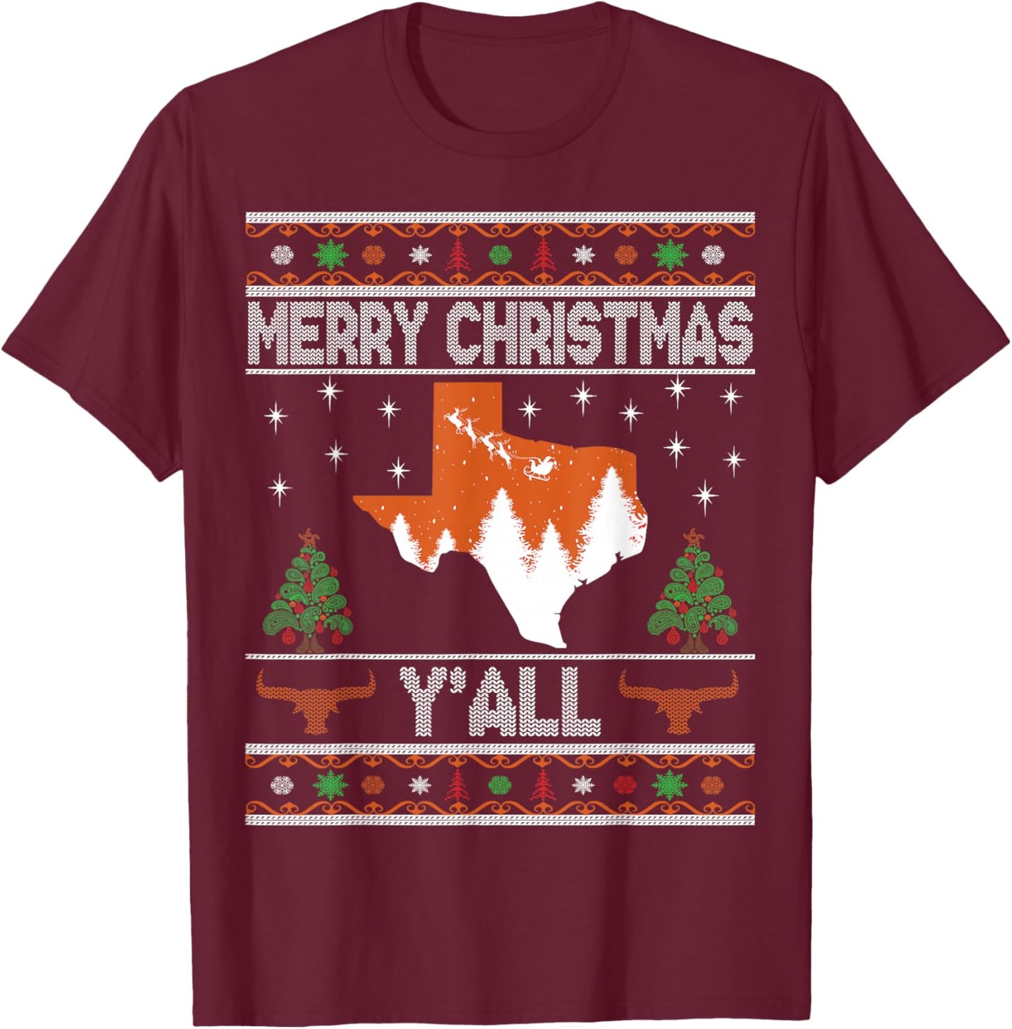 Merry Xmas Y'all Texas Ugly Holiday Longhorn Sweater T-Shirt - T-Shirt | Maroon