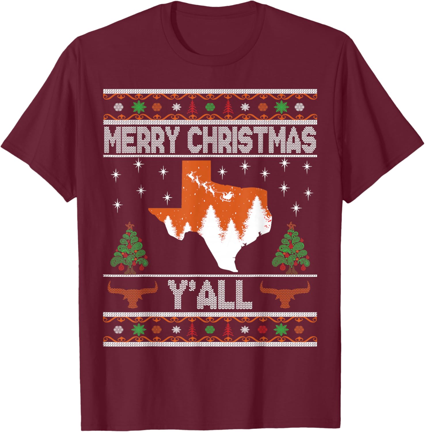 Merry Xmas Y'all Texas Ugly Holiday Longhorn Sweater T-Shirt - T-Shirt | Maroon