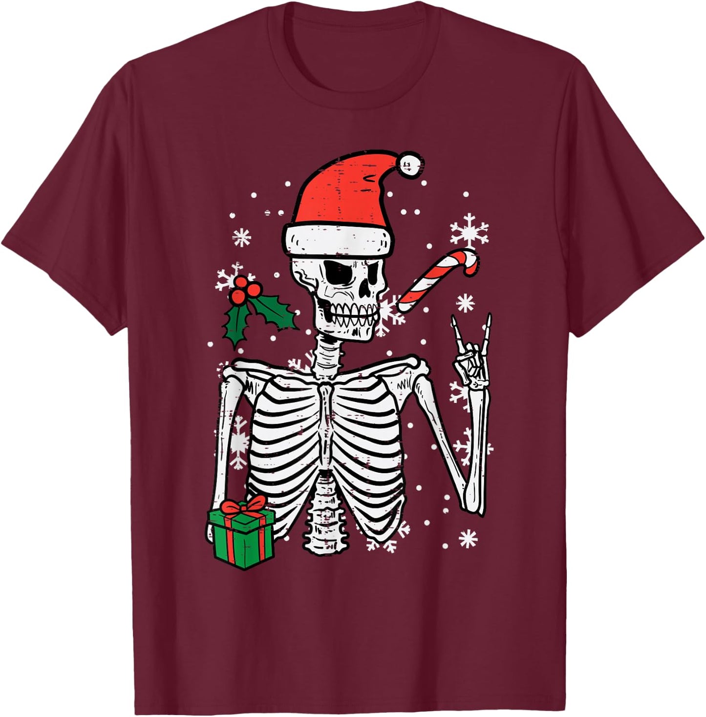 Christmas Rocker Skeleton Santa Rock Hand Xmas Men Boys Kids T-Shirt - T-Shirt | Maroon