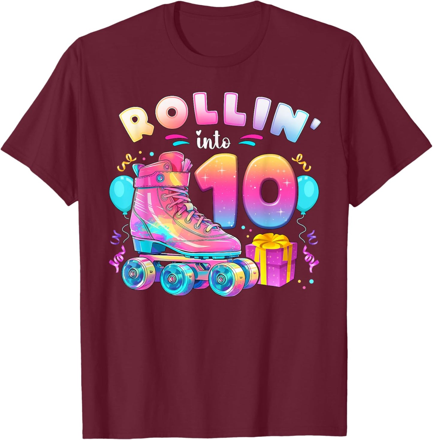 10th Birthday Girl 10 Years Roller Skates Number 10 T-Shirt - T-Shirt | Maroon