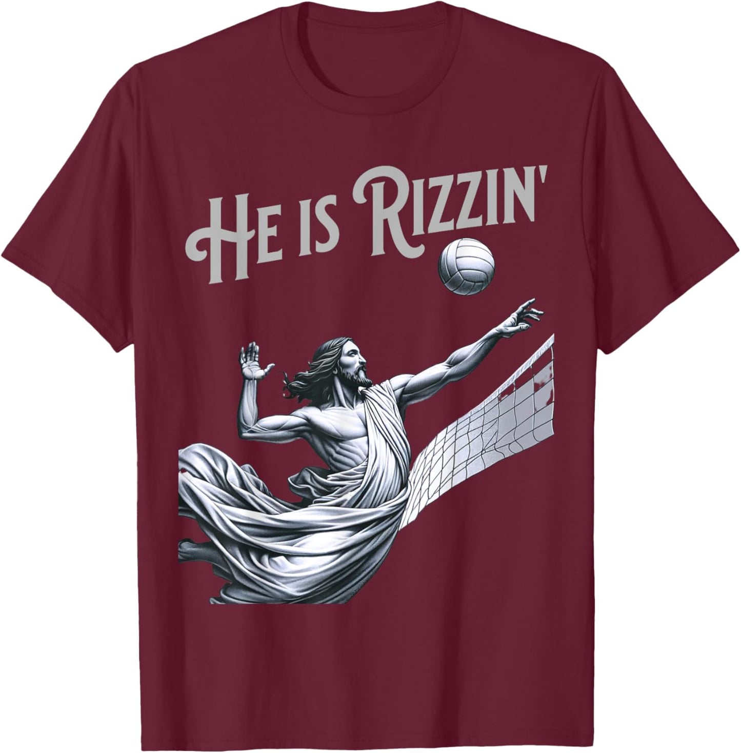 He is Rizzin Jesus Playing Volleyball Funny Sports Rizz T-Shirt - T-Shirt | Maroon