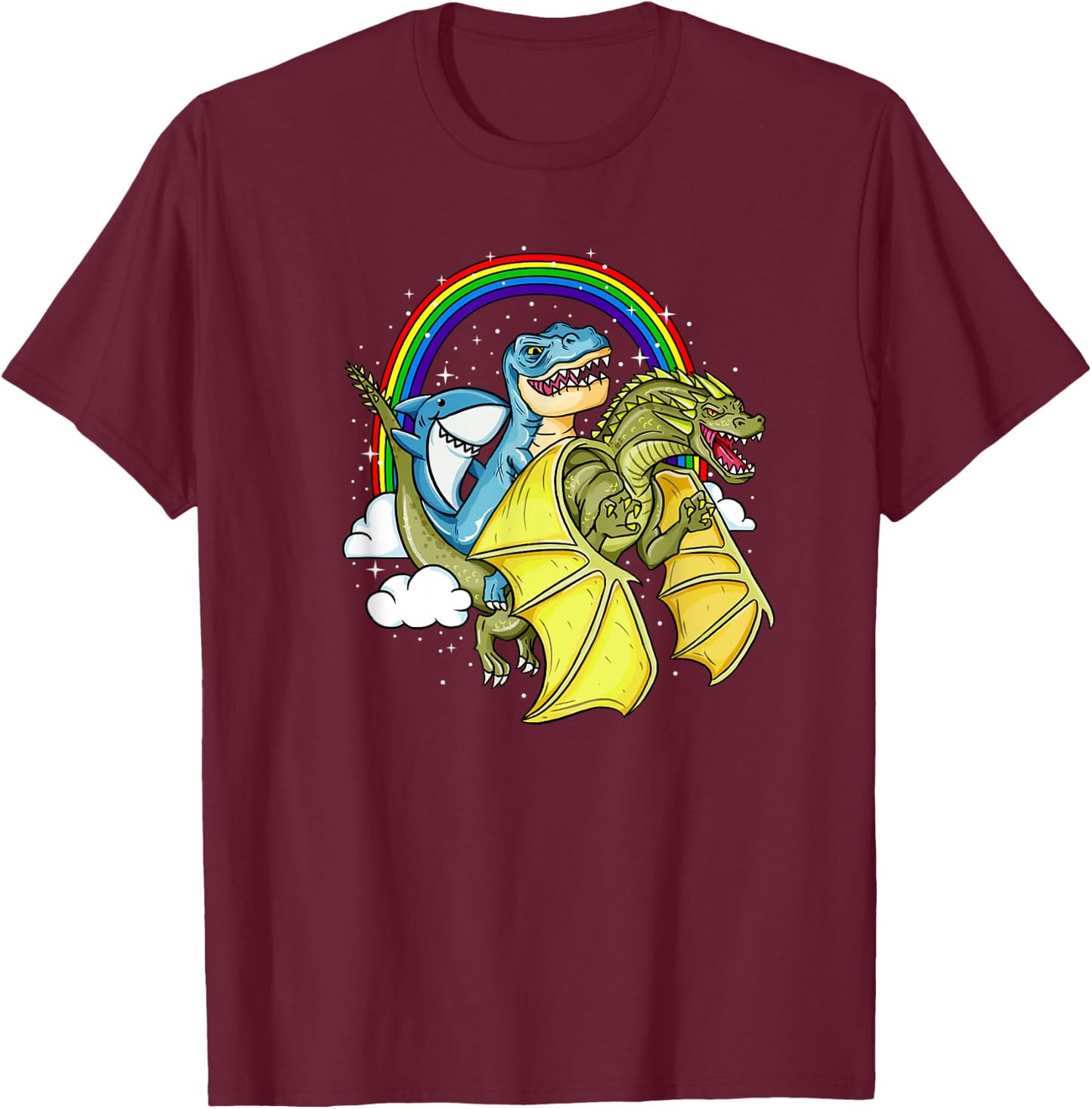 Shark Riding T-Rex Dinosaur Dragon Rainbow Fantasy Gift T-Shirt - T-Shirt | Maroon